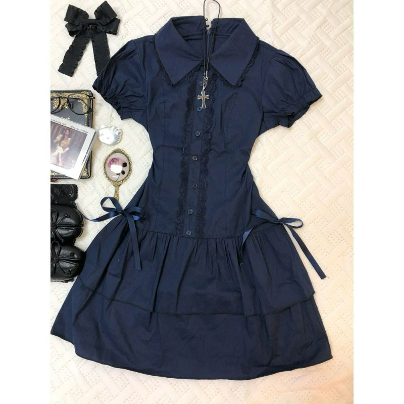 Korean Style A Line Shirt Dress - Japonês estilo preppy lolita vestido feminino
